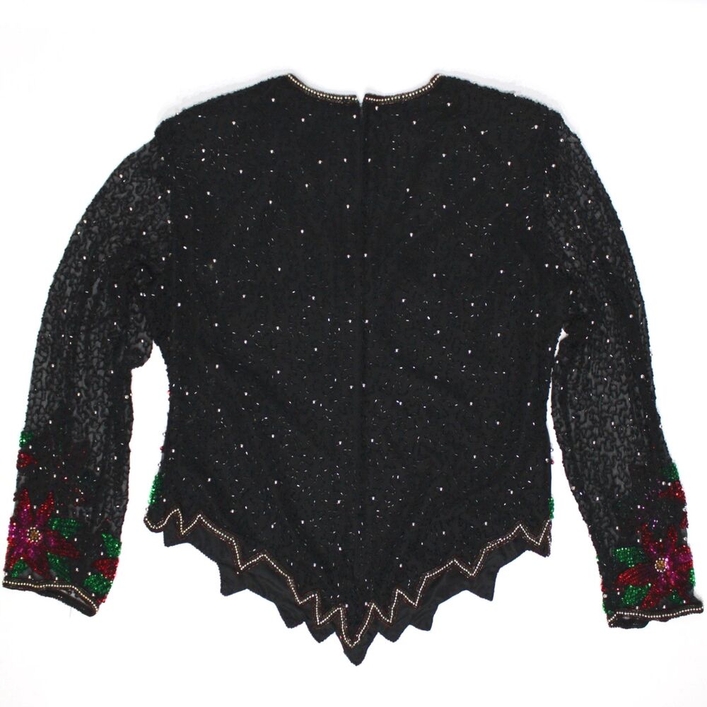 VTG Laurence Kazar 100% Silk Black Bead Sequin Poinsettia Top Christmas Women XL - Picture 3 of 8
